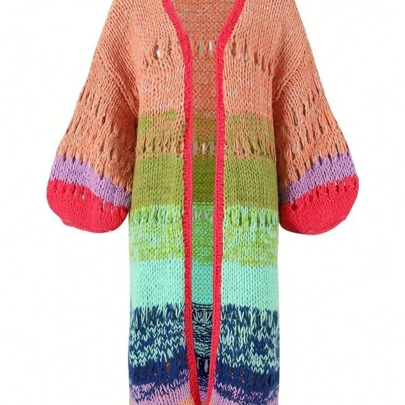 Pink Casual Women's Handknitted Boho Colorful Coat Bell Sleeve Crochet Kimono - Picture 2 of 6